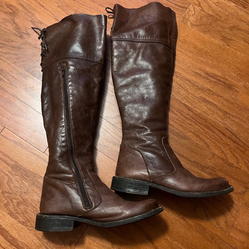 Steve Madden Dark Brown Over the Knee  Laced Back Leather Boots size 8.5